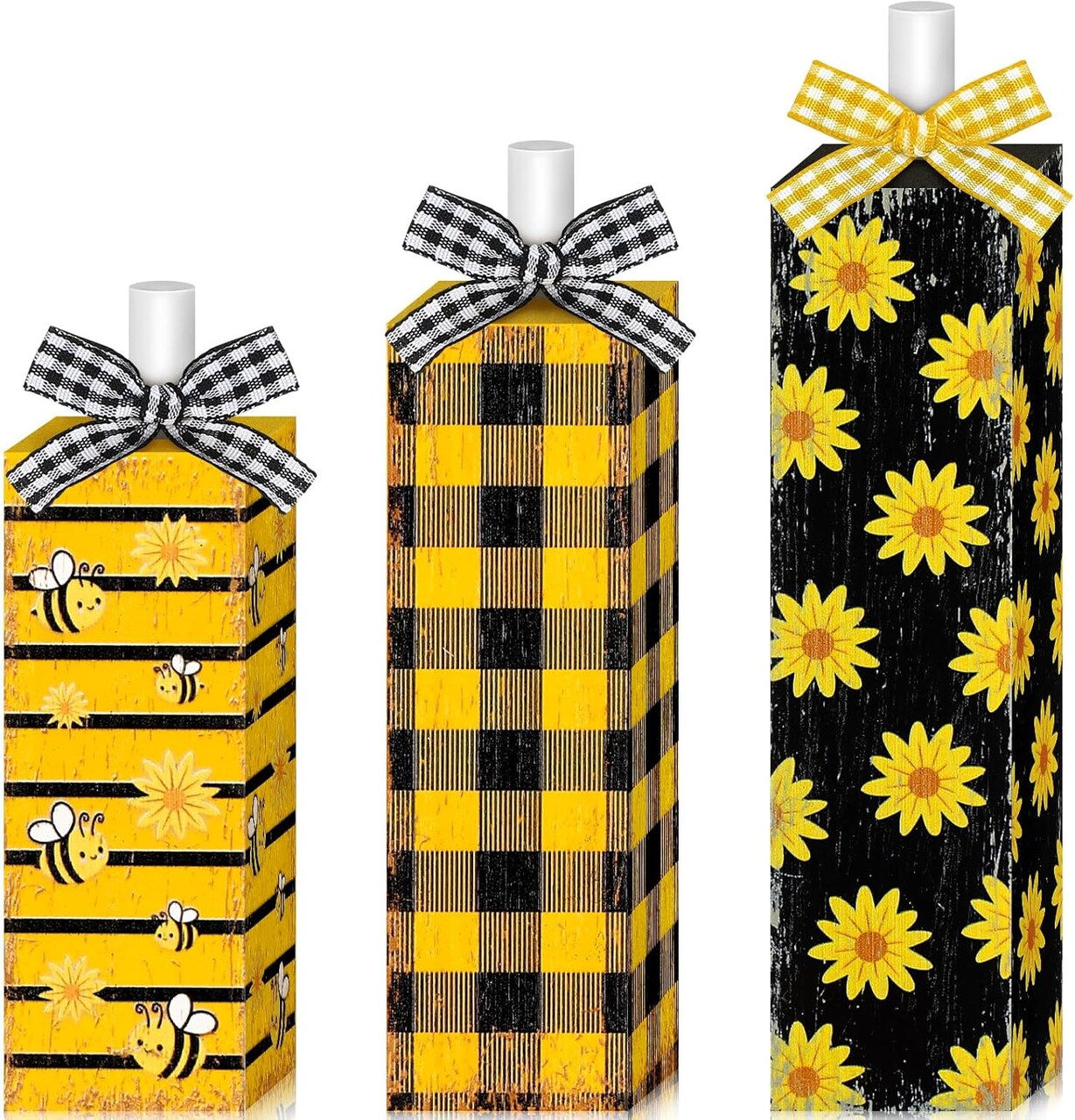 3PCS Sunflower Bee Table Decor – Wooden Block Signs, Black & Yellow Buffalo Plaid Farmhouse Tiered Tray Centerpieces for Summer, Bee Festival, Home, Kitchen & Office Rustic Decor